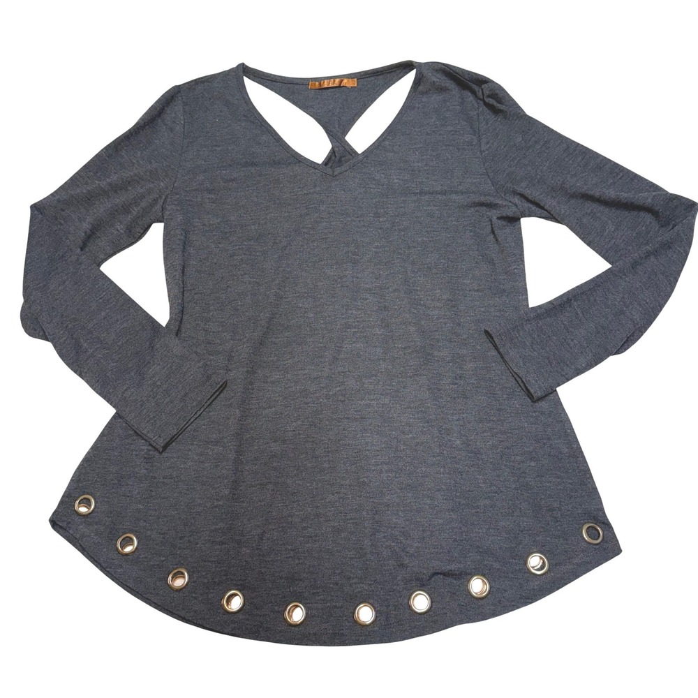 Belldini Womens Charcoal Gray‎ V-Neck Grommet Hem Twisted T-Back Top Large